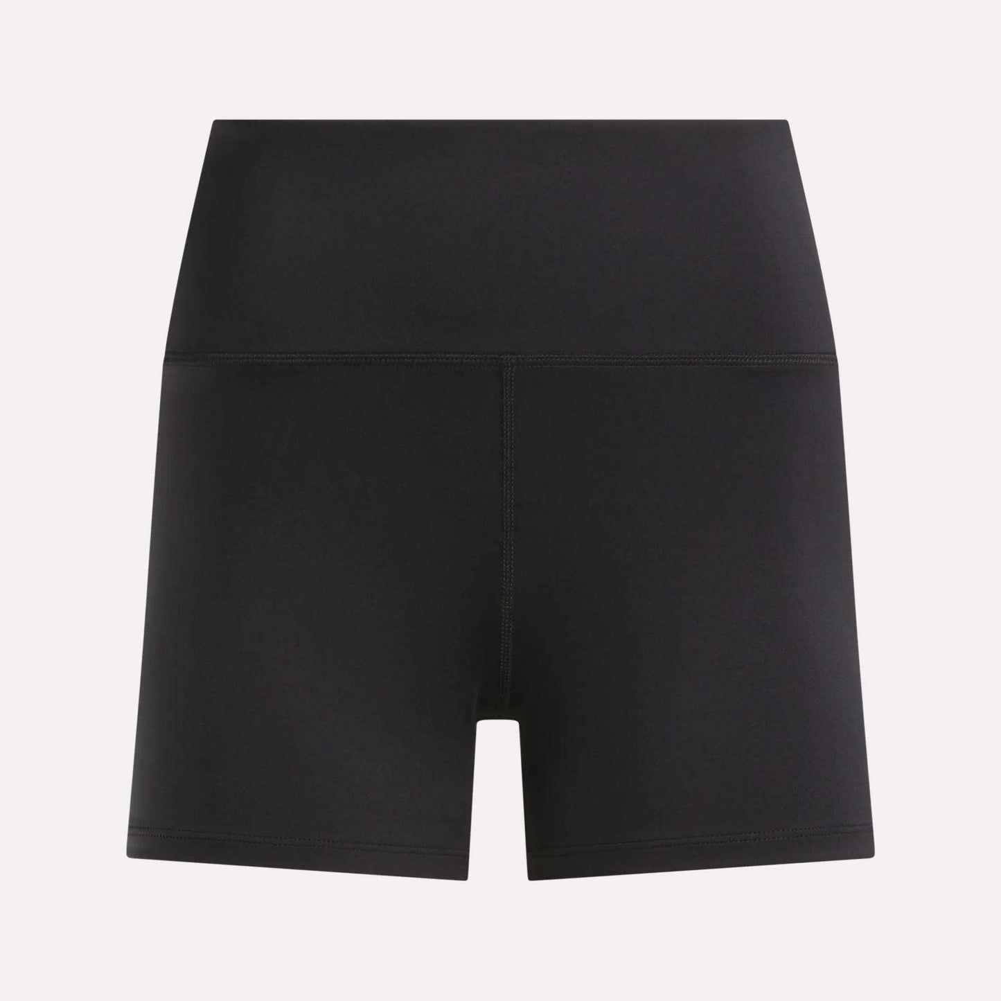 Black Women's High-Rise Mini Biker Shorts 3" by Reebok displayed on a plain white background, shown from the front with a smooth, fitted design and visible seam lines. Crafted with sweat-wicking fabric, these Reebok shorts are perfect for intense workouts and everyday comfort.