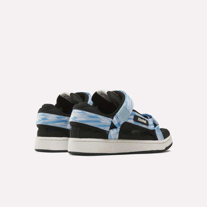 The Reebok x MARKET Club C 85 Shoes, black with white soles and blue patterned straps, display both collaboration logos against a plain white background.