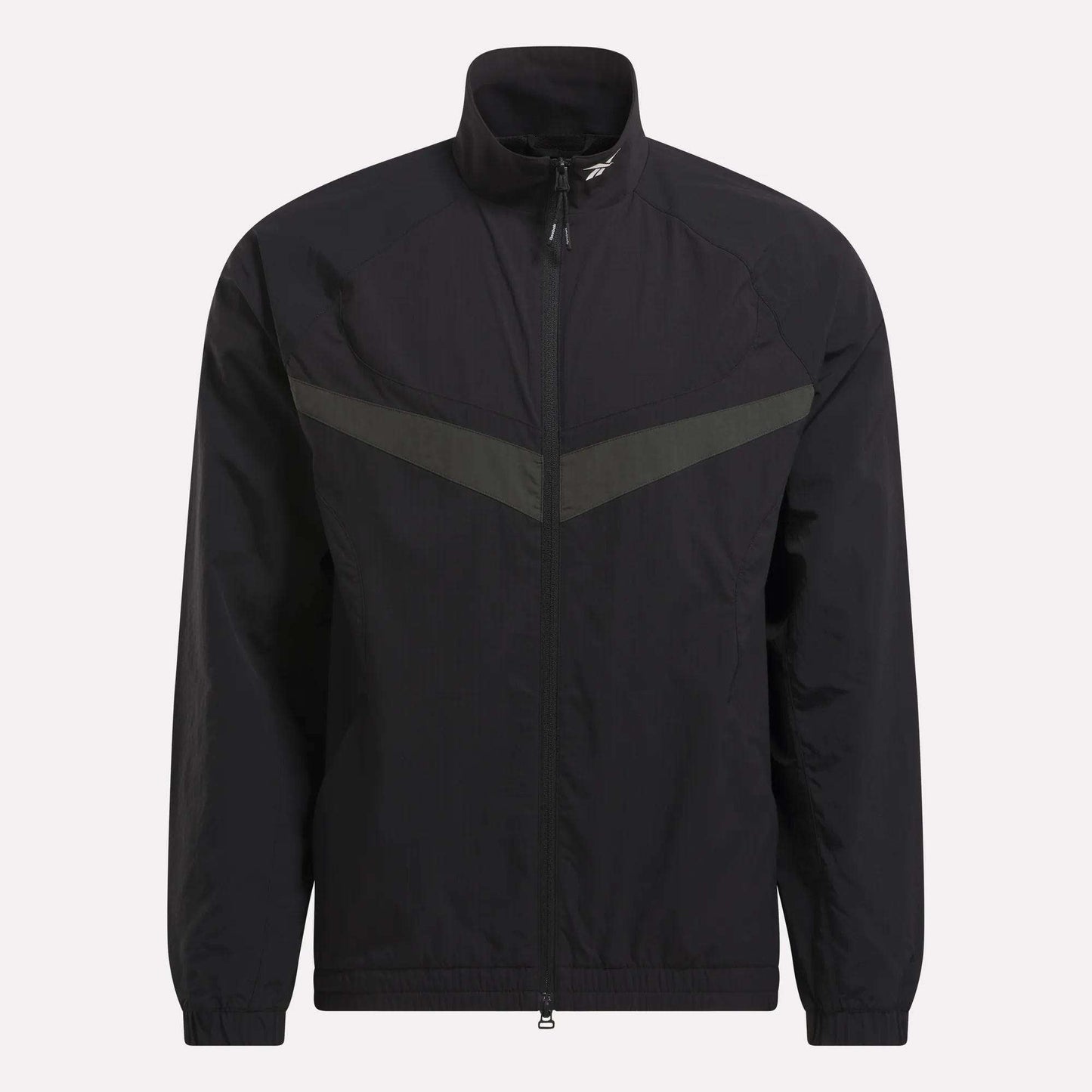 The Reebok Warm Up Track Jacket features a black zip-up design with a stand-up collar, elastic cuffs, and a subtle dark grey chevron across the chest—ideal for basketball warmups or casual wear.