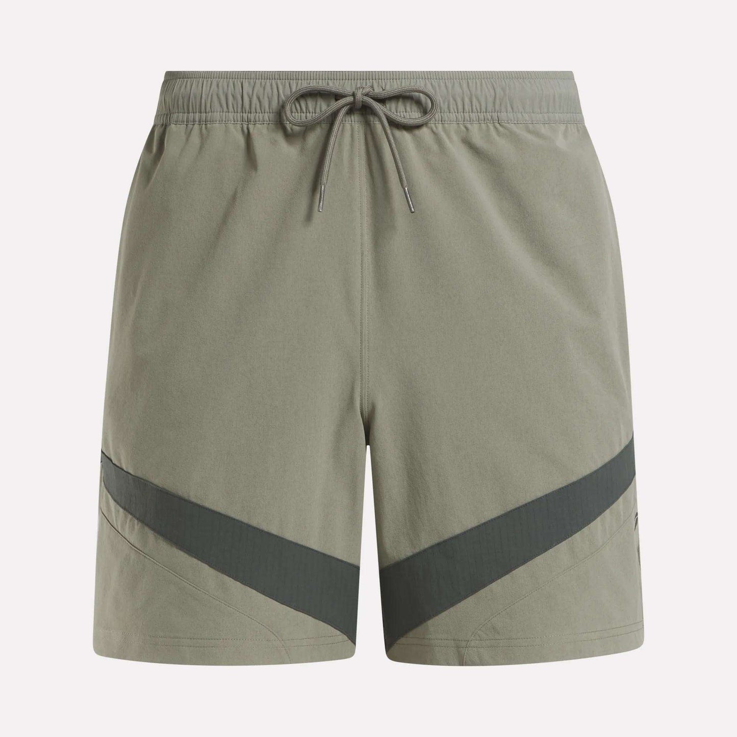 Reebok Woven Basketball Shorts in light olive green feature an elastic waistband with drawstring, dark diagonal stripes near the hem, and smooth, lightweight fabric—perfect for active wear or basketball enthusiasts.