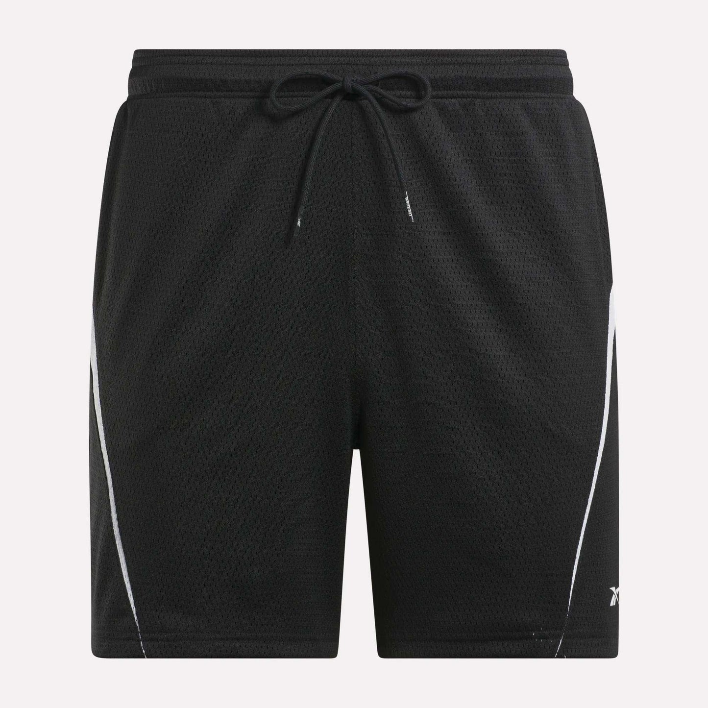Reebok Mesh Shorts feature an elastic waistband, drawstring, and white diagonal side stripes. Made from lightweight, breathable mesh, they're perfect for sports or casual wear.