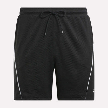 Reebok Mesh Shorts feature an elastic waistband, drawstring, and white diagonal side stripes. Made from lightweight, breathable mesh, they're perfect for sports or casual wear.