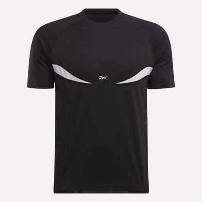 The Reebok Warm-Up Basketball T-Shirt is a black short-sleeve tee with a white curved chest stripe and central logo—ideal for your next training session.