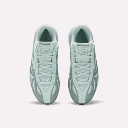 Top view of the Reebok Angel Reese 1 Basketball Shoes in light mint green, featuring geometric and wavy patterns—an ideal choice for performance basketball fans, displayed on a plain white background.