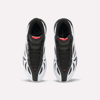 Top view of black, white, and red Reebok Angel Reese 1 Basketball Shoes with the Energy Return System, wavy futuristic design, and black laces. These performance sneakers are displayed side by side on a plain light background.
