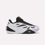 The Reebok Angel Reese 1 Shoes - Big Kids feature a stylish black and white design with a wavy side pattern, textured sole, and black laces, inspired by Angel Reese sneakers and shown in side profile on a plain white background.