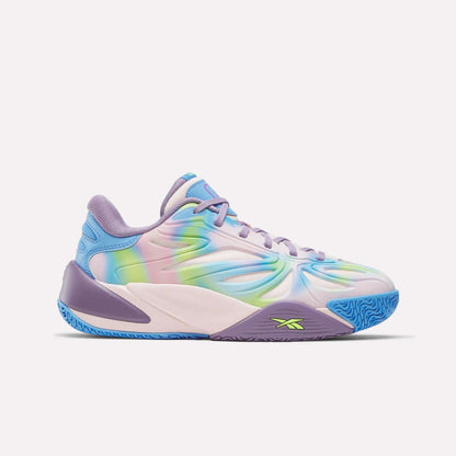 The Reebok Angel Reese 1 Shoes - Big Kids feature a wavy pastel blue, green, yellow, and pink design with a purple sole, lavender laces, and a neon green Reebok logo—colorful basketball sneakers inspired by Angel Reese.