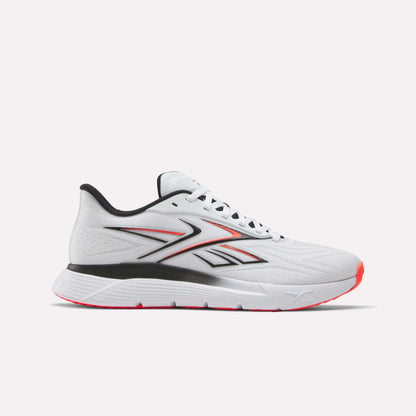 The Reebok Nano Gym 2.0 Training Shoes in Ftwr White/Neon Cherry feature a cushioned high-rebound foam midsole, black sole with red tread, lace-up design, and bold side logo—ideal for training sessions.