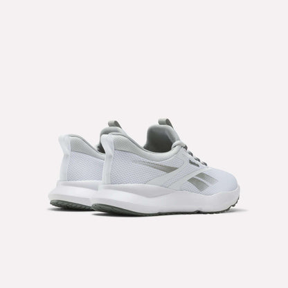 The Reebok Men's Cityride 2 Running Shoes in white and light gray feature mesh uppers and FuelFoam cushioning, displayed from a rear side view on a plain light background.