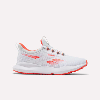 The Reebok Women's Cityride 2 Running Shoes feature a white mesh upper with grey and red accents, FuelFoam cushioning for comfort, and are shown in a side view against a plain white background.
