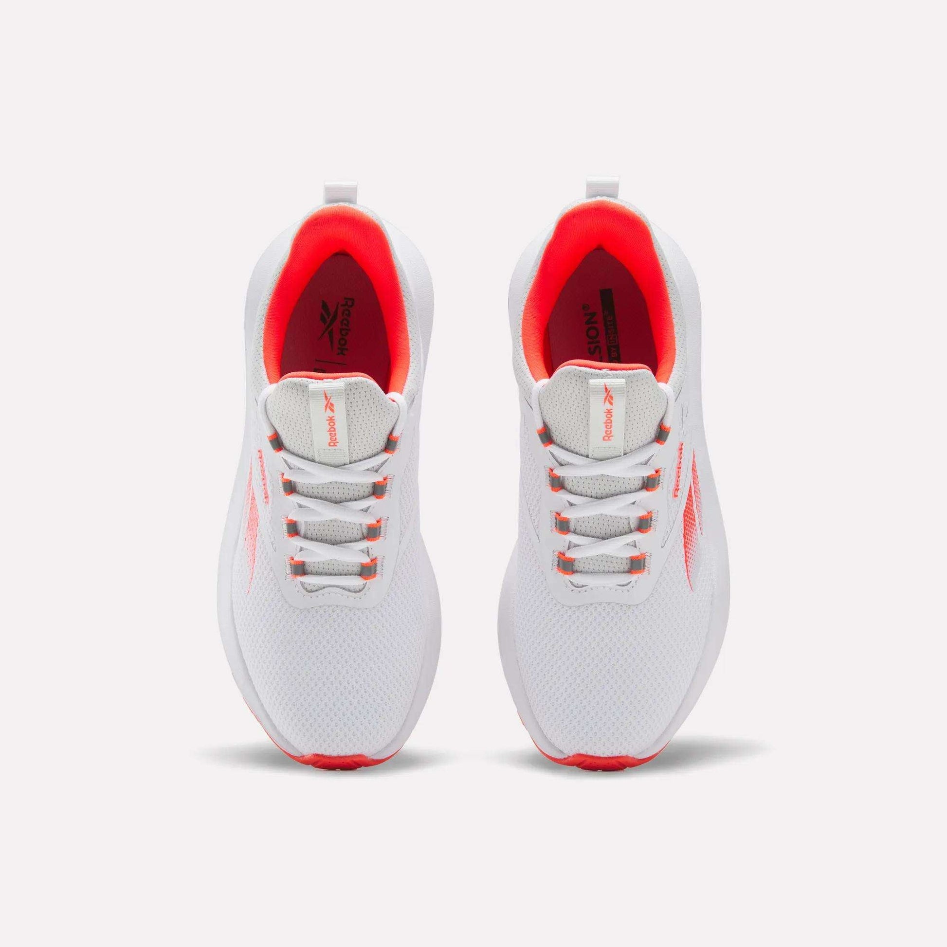A top view of the Reebok Women's Cityride 2 Running Shoes in white with red accents, mesh uppers, white laces, logo on tongue and side, and FuelFoam cushioning for extra comfort.