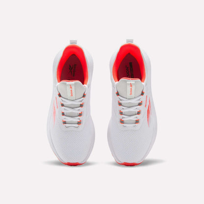 A top view of the Reebok Women's Cityride 2 Running Shoes in white with red accents, mesh uppers, white laces, logo on tongue and side, and FuelFoam cushioning for extra comfort.