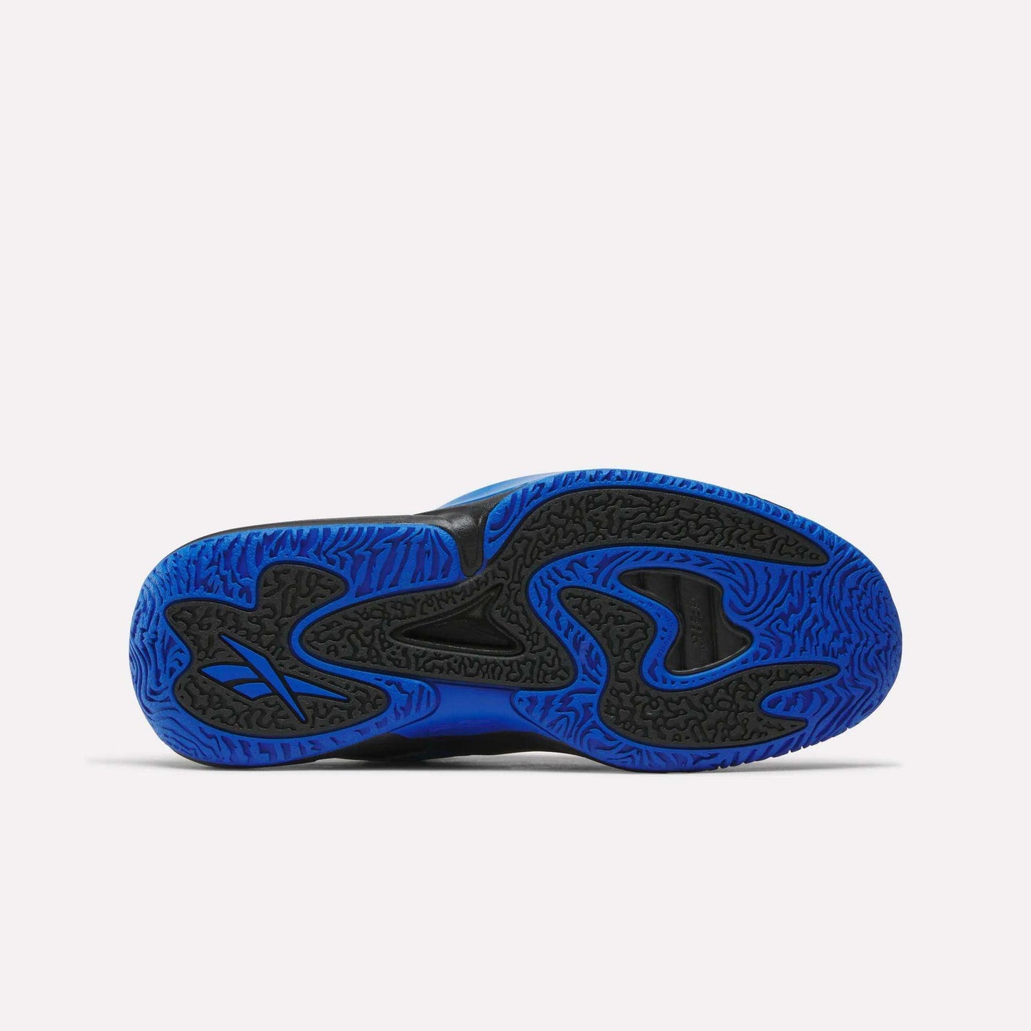 The image displays the bottom sole of the Reebok Engine A 26 Basketball Shoes, featuring a blue and black wavy pattern, a black Nike-style swoosh, and textured grip details for enhanced stability. The background is plain white.