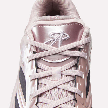 Top view of the Reebok Angel Reese 1 Basketball Shoes: features light pink laces, a shiny pink tongue with a stylized A logo, and mesh fabric with plastic accents—evoking Angel Reese's signature style.