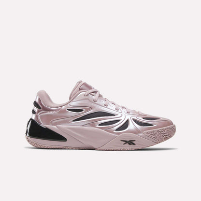 The Reebok Angel Reese 1 Basketball Shoes in pink and black feature a wavy, futuristic design with glossy accents and a textured rubber sole, shown in side profile on a plain white background.