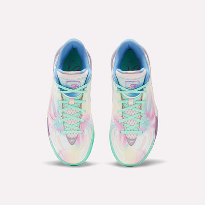 Top view of the Reebok Angel Reese 1 Basketball Shoes, showcasing colorful pastel hues, gradient patterns, white soles, and a light blue inner lining, inspired by performance basketball designs and displayed on a plain white background.
