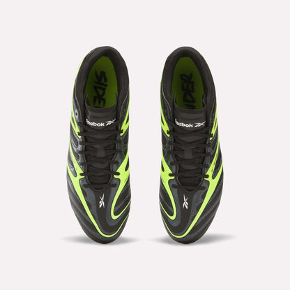 Reebok Sidewinder 26 Pro FG Cleats in black with neon green accents, seen from above. The shoes feature the Reebok logo and "RIDER" inside, crafted for firm ground to boost ball control like elite soccer cleats.