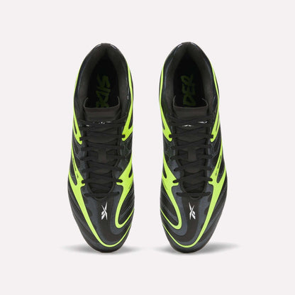 Top view of Reebok Sidewinder 26 League Firm Ground Soccer Cleats in black and neon green with black laces, Reebok logo near the toes, and firm ground studs, shown side by side on a plain white background.