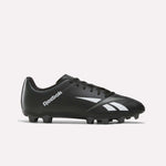 The Reebok Strike Multi Ground Soccer Cleats in black and grey—ideal for turf play—showcase classic white branding and logo, molded studs on the sole, and a secure lace-up design, all displayed against a plain white background.