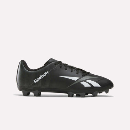 The Reebok Strike Multi Ground Soccer Cleats in black and grey—ideal for turf play—showcase classic white branding and logo, molded studs on the sole, and a secure lace-up design, all displayed against a plain white background.