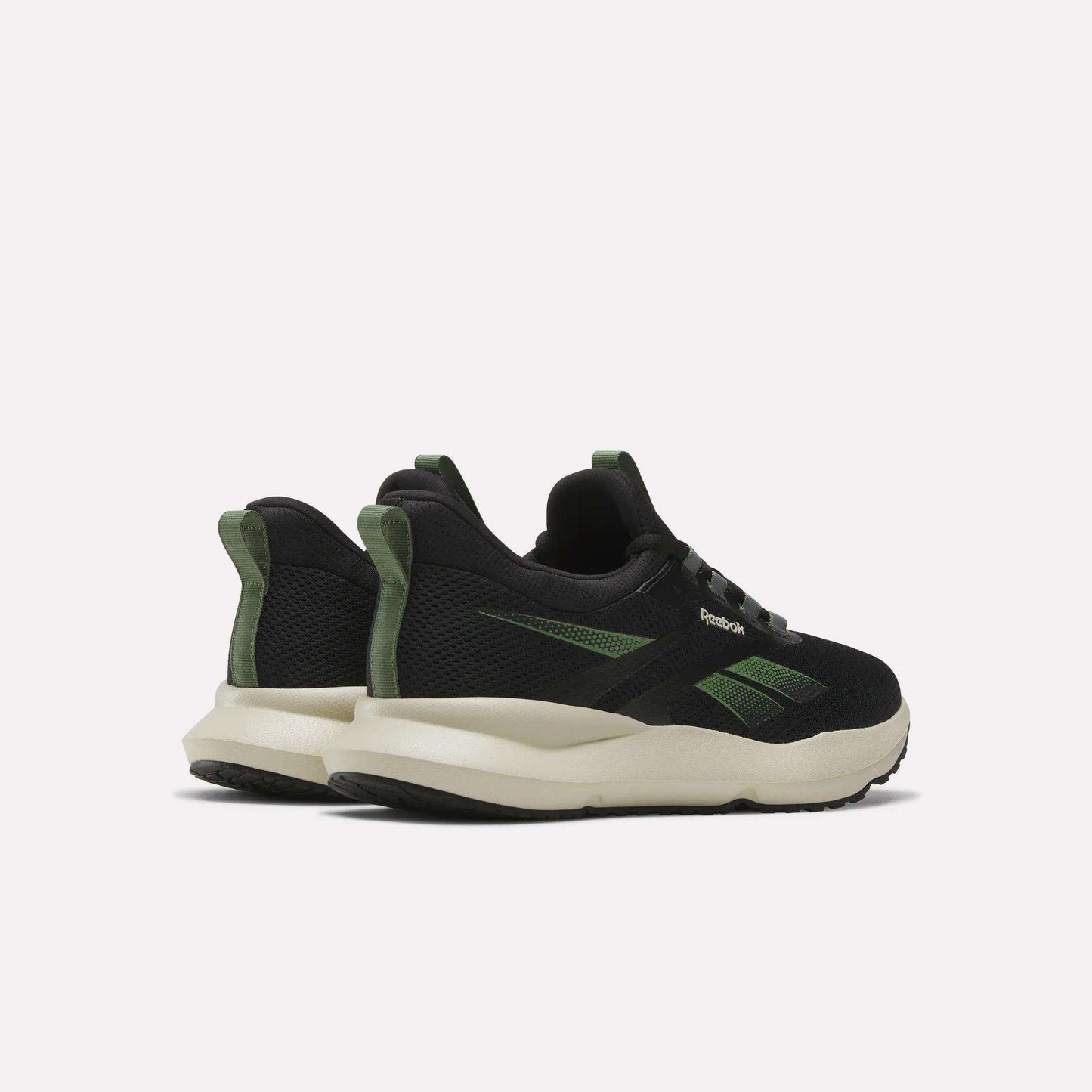 The Men's Cityride 2 Running Shoes by Reebok in black with green accents and white soles, featuring FuelFoam cushioning, are shown from back and side angles against a plain light background.
