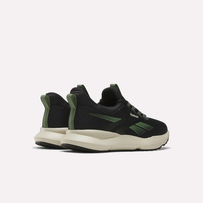 The Men's Cityride 2 Running Shoes by Reebok in black with green accents and white soles, featuring FuelFoam cushioning, are shown from back and side angles against a plain light background.