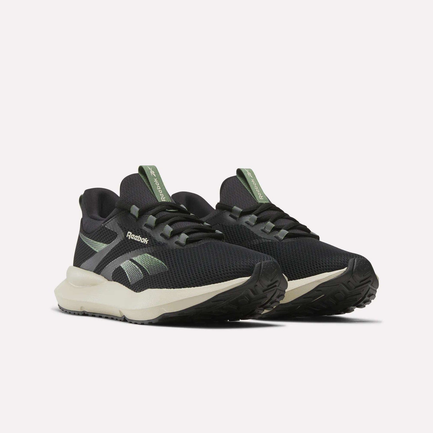 A pair of Reebok Men's Cityride 2 Running Shoes in black with white soles, green accents, and mesh uppers featuring FuelFoam cushioning, displayed side by side on a plain white background.