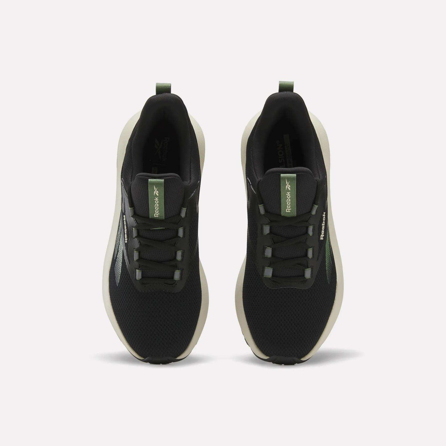 A top view of Reebok Men's Cityride 2 Running Shoes in black with white soles, green accents, and FuelFoam cushioning, highlighting the laces and Reebok logo on the tongue.