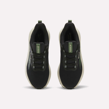 A top view of Reebok Men's Cityride 2 Running Shoes in black with white soles, green accents, and FuelFoam cushioning, highlighting the laces and Reebok logo on the tongue.
