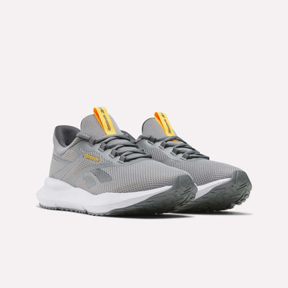 Men's Cityride 2 Running Shoes by Reebok, featuring gray mesh uppers, white soles, yellow tongue tags, and FuelFoam cushioning, are displayed on a plain white background.