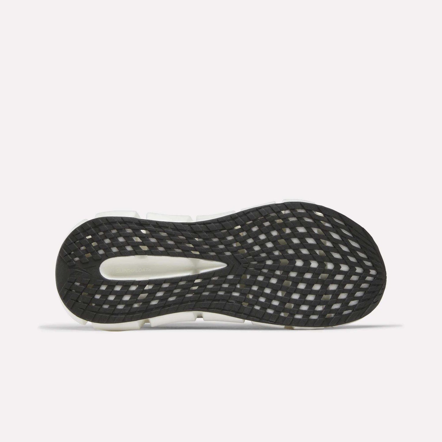 The image shows the black sole of the Reebok Men's FloatZig 2 Running Shoes with a white midsole and grid-like traction pattern, featuring Superfloat+ cushioning. The shoe is flat with the sole facing up on a plain white background.