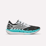 The Reebok Men's FloatZig Tread Running Shoes feature a black and white design with teal accents and a thick cushioned midsole, ideal for treadmill workouts, shown in a side profile on a plain white background.
