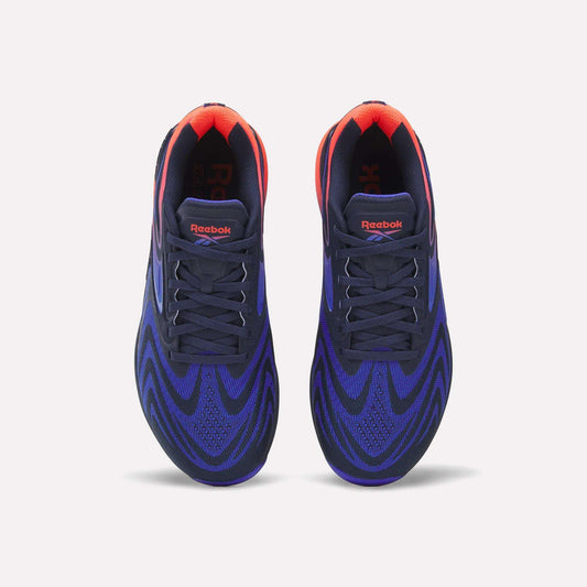 A pair of Reebok Nano X5 Edge Training Shoes with black laces, a blue and black wavy Flexweave pattern, and red accents on the tongue and heel, seen from above on a white background.