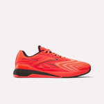 Side view of bright red Reebok Nano X5 Edge Training Shoes with black accents, black sole, and Reebok logo. The sleek design features textured patterns on the Flexweave upper for enhanced durability and support.