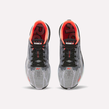 A pair of Reebok Nano Pro Training Shoes in gray and black with red inner linings and NANO branding on the insoles, shown from above against a white background—ideal for athletes aiming for peak performance.
