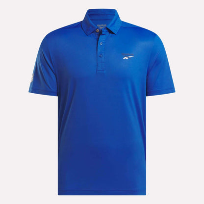 The Reebok Men's BDC Colorblocked Polo Shirt features short sleeves, a collar with three buttons, RBK-DRY tech for comfort, and the Reebok logo on the left chest and sleeve.