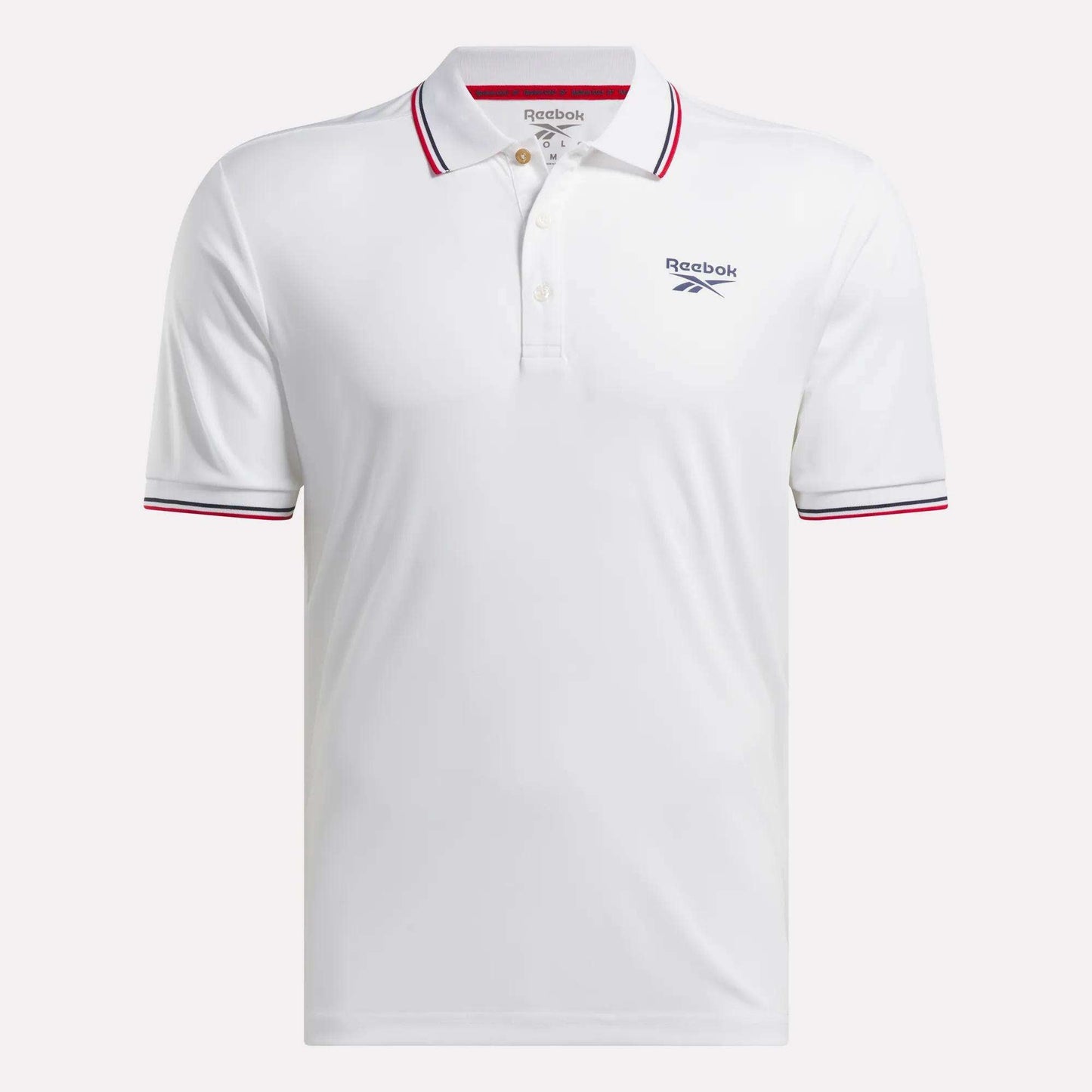 The Reebok Men's Country Club Oxford Pique Polo Shirt features short sleeves, a three-button placket, red and navy trim on the collar and sleeves, plus the Reebok logo on the left chest for classic golf style.
