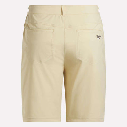 Back view of Reebok Men's Favorite 5-Pocket Golf Shorts 9" in beige, with two rear pockets and a small logo above the right one. Sweat-wicking fabric keeps you cool on the course.