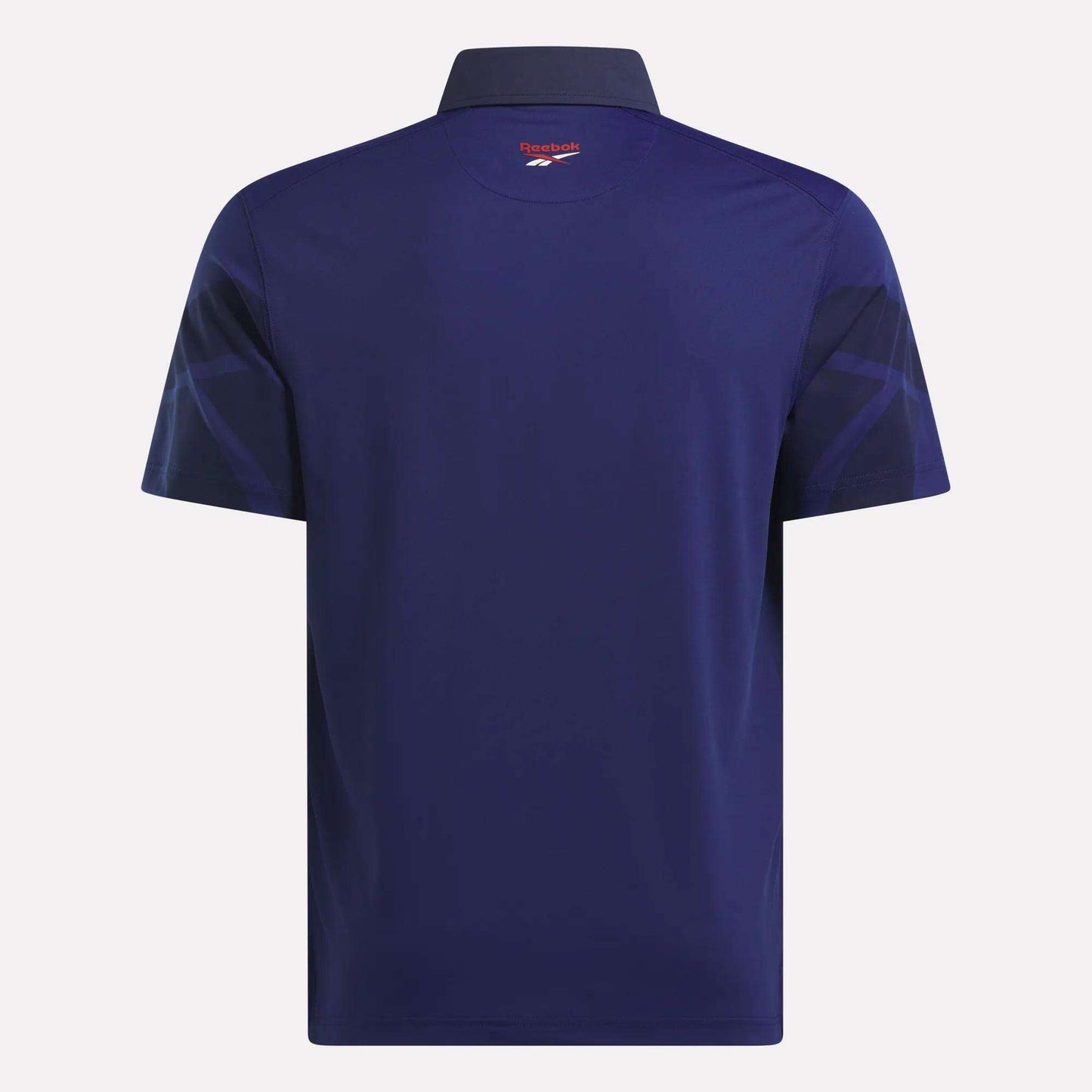 The Reebok Men’s Signature Vector Colorblocked Polo Shirt is shown from the back in navy, with a collar, subtle dark sleeve patterns, and the Reebok logo near the collar. Moisture-wicking fabric keeps you cool and comfortable.
