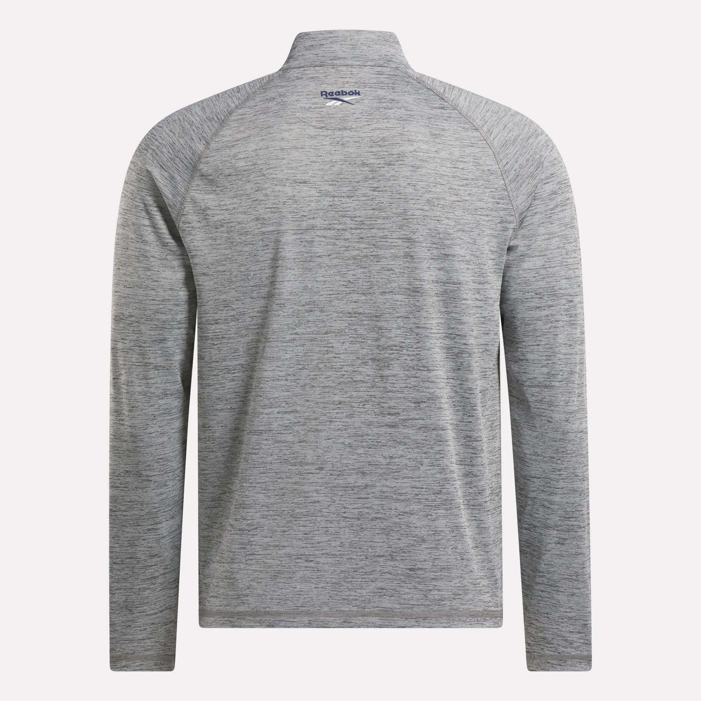 Back view of a men's Reebok Cationic Wicking Quarter-Zip Sweatshirt in light gray heather, featuring moisture-wicking RBK-DRY tech and a small blue Reebok logo near the collar.