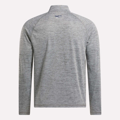 Back view of a men's Reebok Cationic Wicking Quarter-Zip Sweatshirt in light gray heather, featuring moisture-wicking RBK-DRY tech and a small blue Reebok logo near the collar.