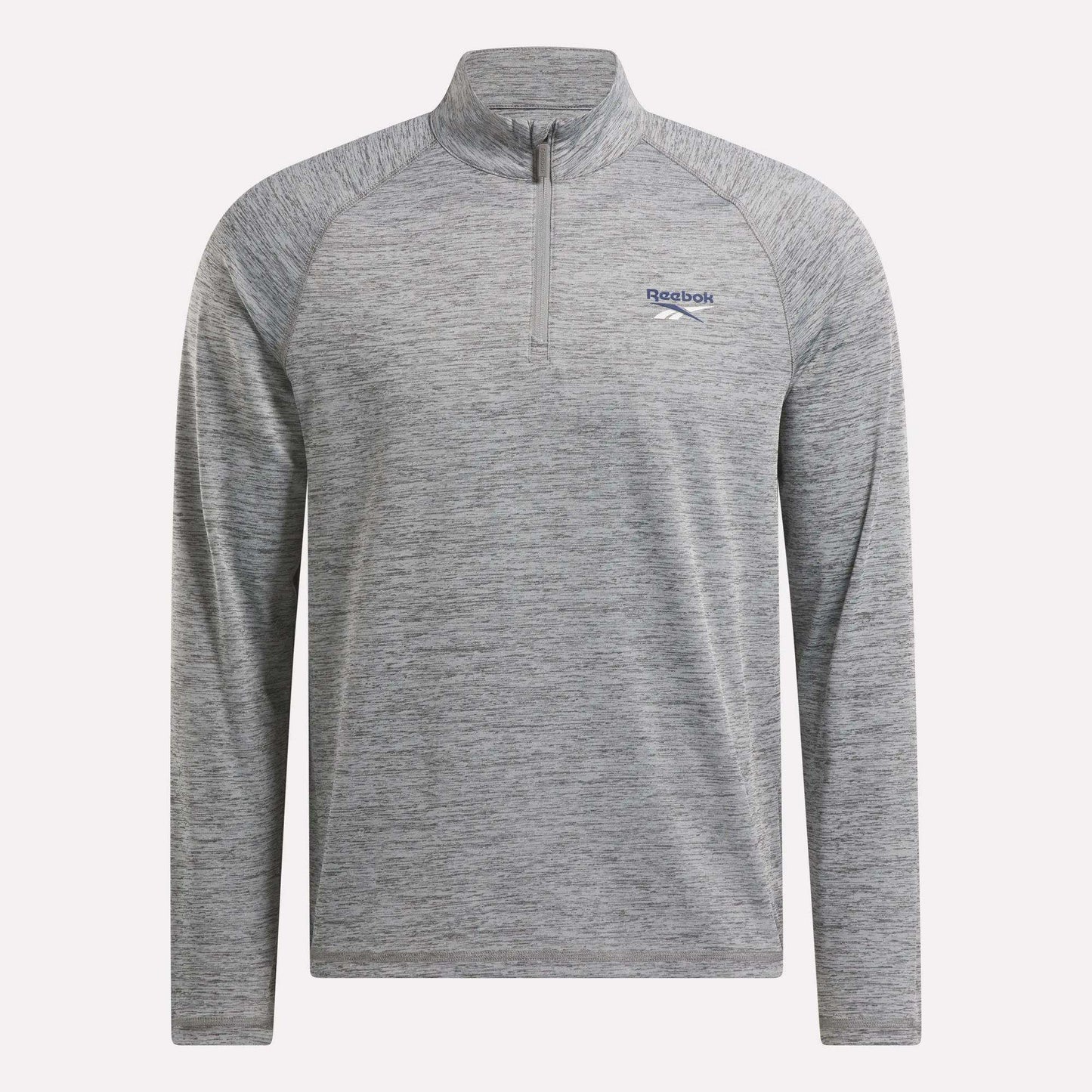 The Reebok Men's Cationic Wicking Quarter-Zip Sweatshirt in heather gray features RBK-DRY tech, a stand collar, and the Reebok logo on the left chest for athletic style and comfort.