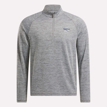 The Reebok Men's Cationic Wicking Quarter-Zip Sweatshirt in heather gray features RBK-DRY tech, a stand collar, and the Reebok logo on the left chest for athletic style and comfort.