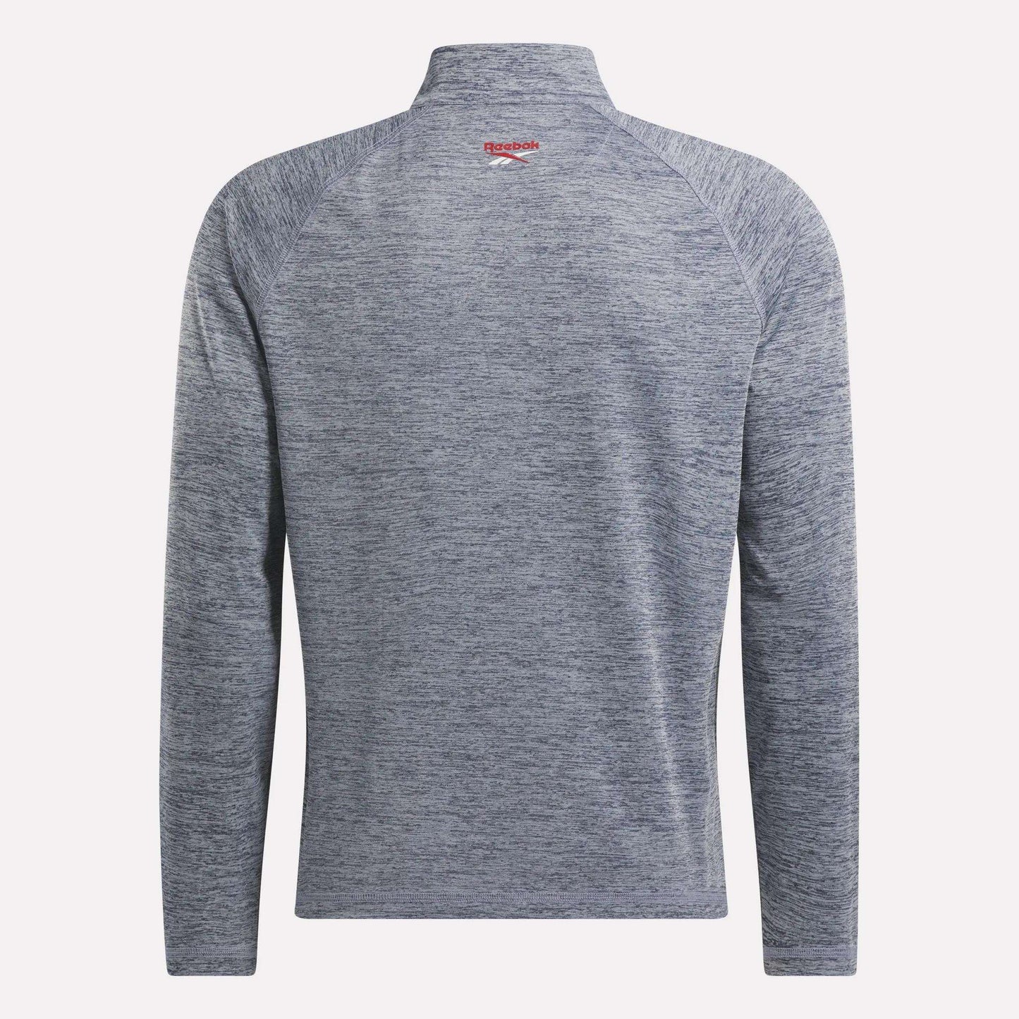 Back view of the Reebok Men's Cationic Wicking Quarter-Zip Sweatshirt in heathered gray, featuring RBK-DRY tech, high collar, and a subtle red logo—ideal as a UPF-rated athletic layer for active days.