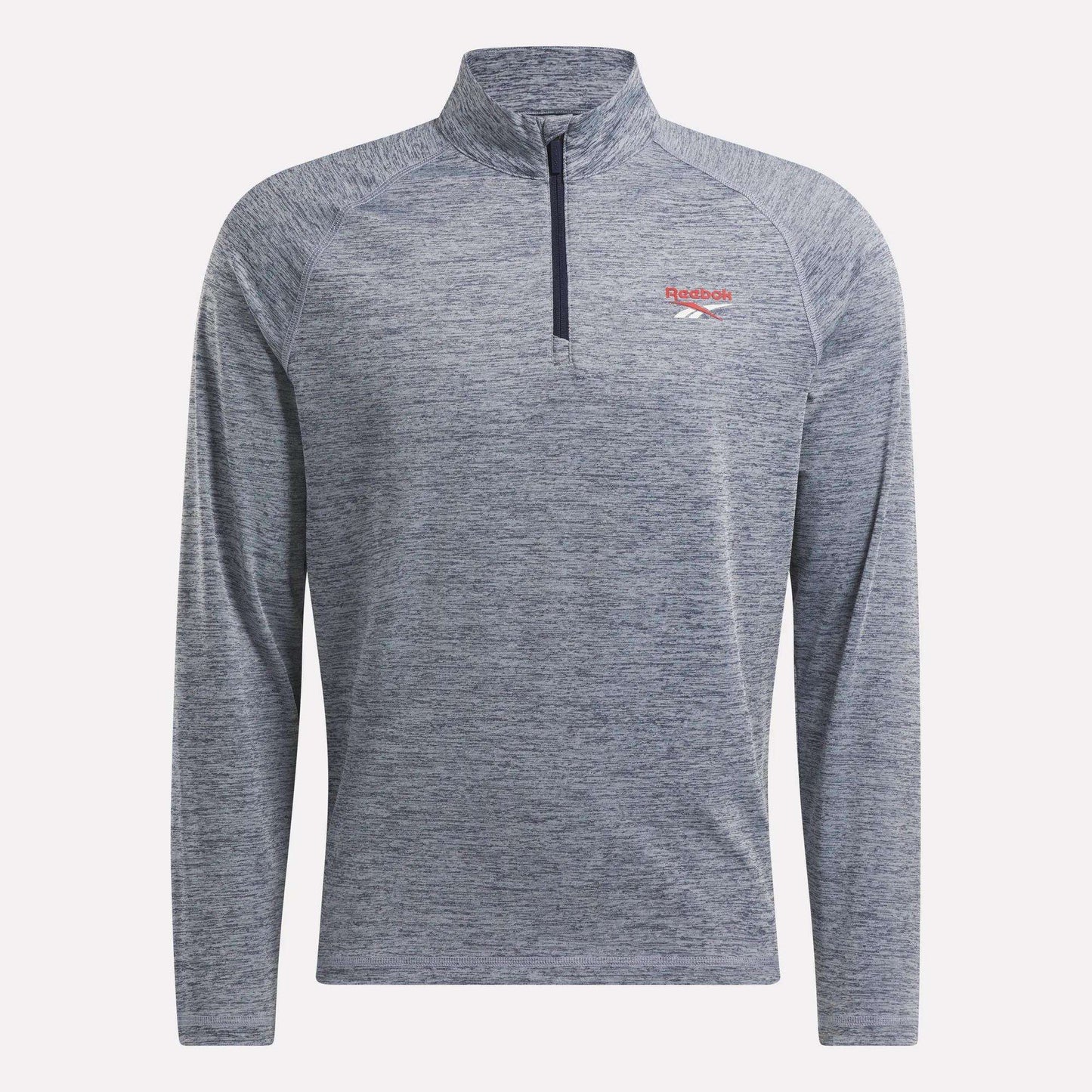 The Reebok Men's Cationic Wicking Quarter-Zip Sweatshirt in heather gray features RBK-DRY tech, a stand-up collar, red embroidered logo, and slim fit—offering style and comfort for athletic or casual wear.