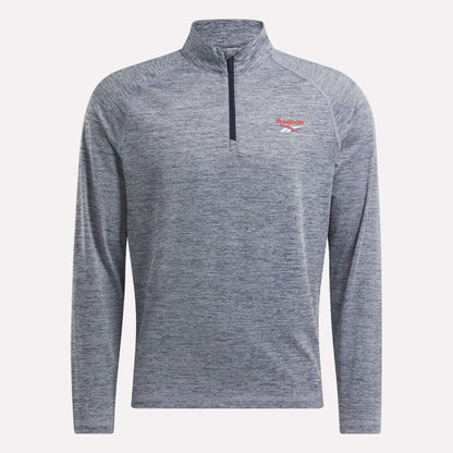 The Reebok Men's Cationic Wicking Quarter-Zip Sweatshirt in heather gray features RBK-DRY tech, a stand-up collar, red embroidered logo, and slim fit—offering style and comfort for athletic or casual wear.