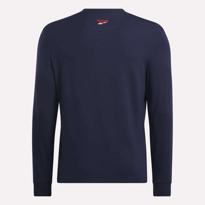 Reebok Men's Long Sleeve Golf Sweatshirt in navy blue, featuring a crew neck, subtle inside logo, and UPF 30+ protection, shown on a plain white background.