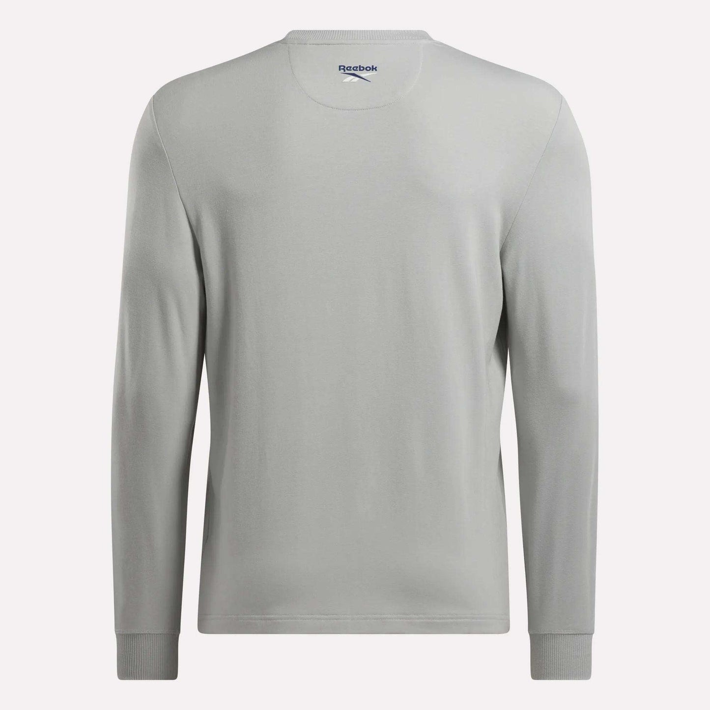 A plain light gray Men's Long Sleeve Golf Sweatshirt by Reebok is shown from the back. It features subtle stitching, a crew neckline, UPF 30+ protection, and the Reebok logo printed inside the collar.