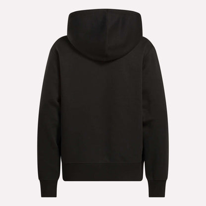 A women's small Reebok Vector full zip sweatshirt shown from the back, featuring a hood and long sleeves, in plain black with no visible designs or logos.