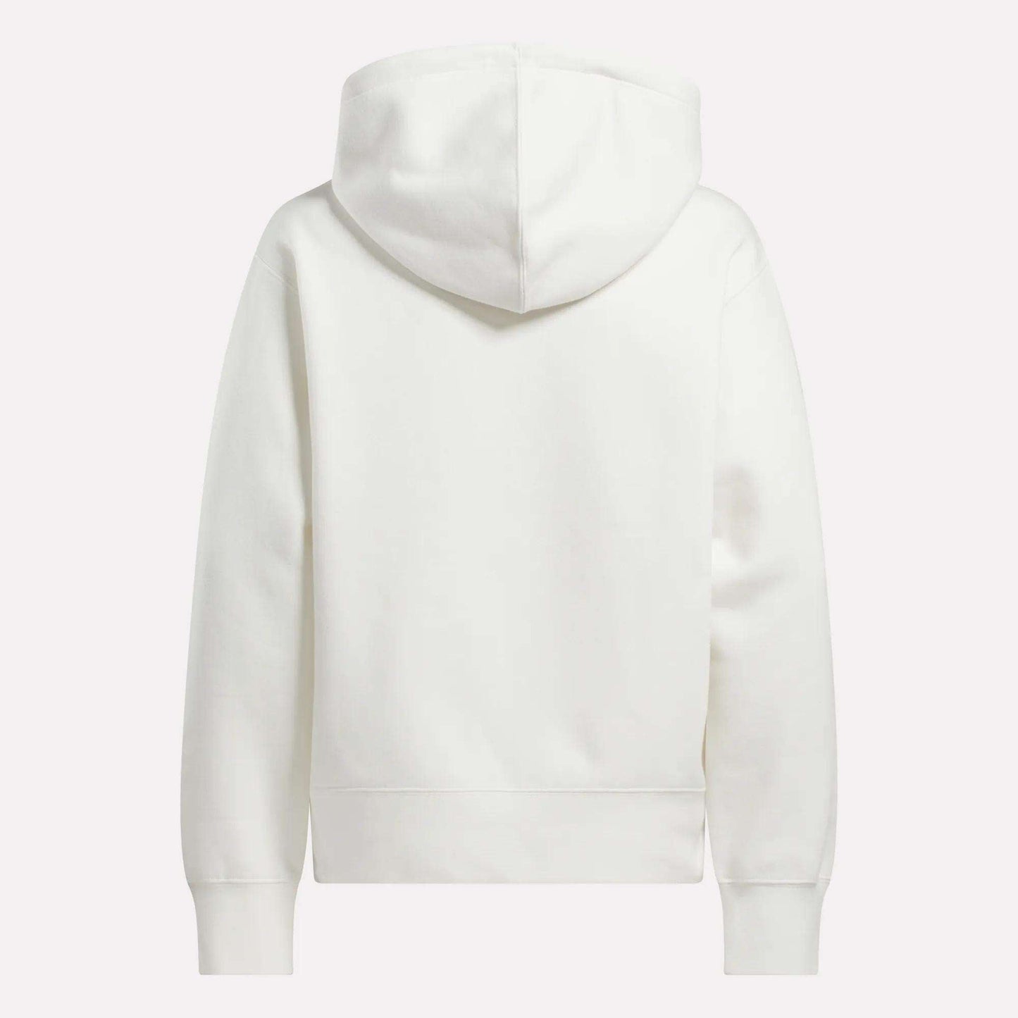 The Reebok Women's Small Vector Full Zip Sweatshirt is shown from the back, featuring long sleeves, a hood, and no visible logos or designs—ideal for an athletic, clean, and versatile look.